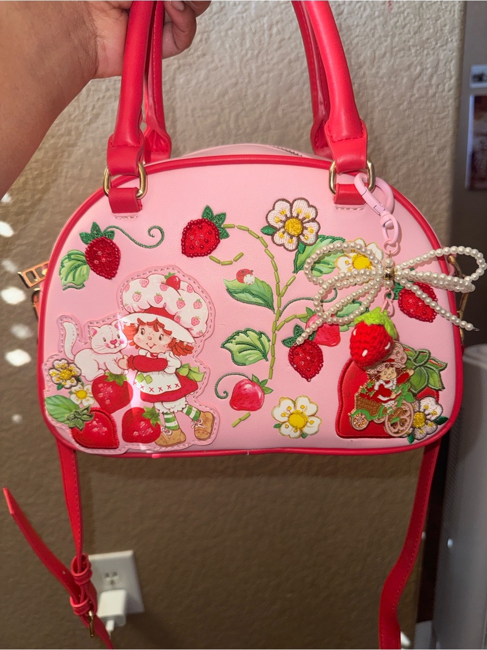 Pink Strawberry Shortcake Patch Top-Handle Crossbody Bag with charm